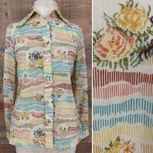 Vintage 1960s 1970s Pointy Collar Abstract Floral Button Shirt Size S/M Groovy